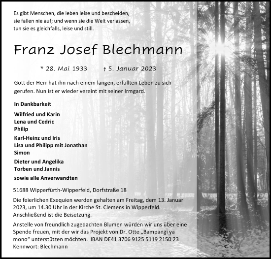 Anzeige von Franz Josef Blechmann von Kölner Stadt-Anzeiger / Kölnische Rundschau / Express