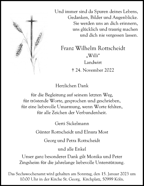 Anzeige von Franz Wilhelm Rottscheidt von Kölner Stadt-Anzeiger / Kölnische Rundschau / Express