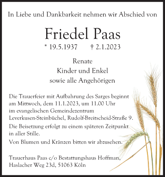 Anzeige von Friedel Paas von Kölner Stadt-Anzeiger / Kölnische Rundschau / Express