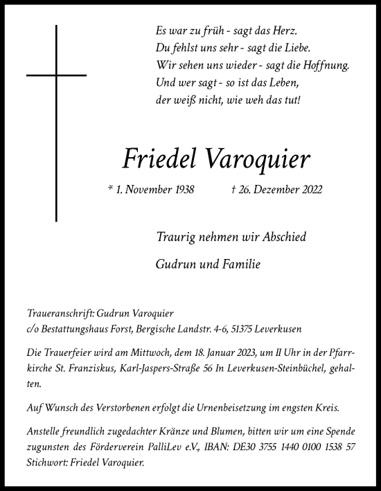 Anzeige von Friedel Varoquier von Kölner Stadt-Anzeiger / Kölnische Rundschau / Express