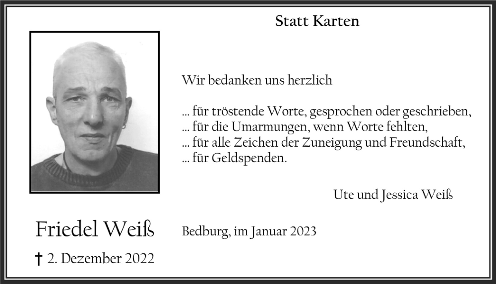  Traueranzeige für Friedel Weiß vom 20.01.2023 aus  Werbepost 