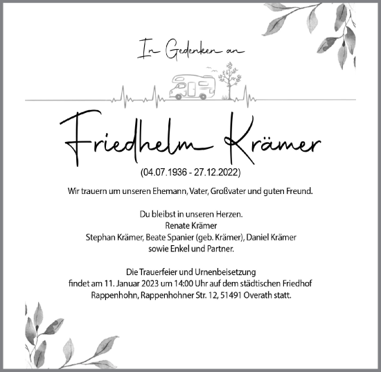 Anzeige von Friedhelm Krämer von  Bergisches Handelsblatt 