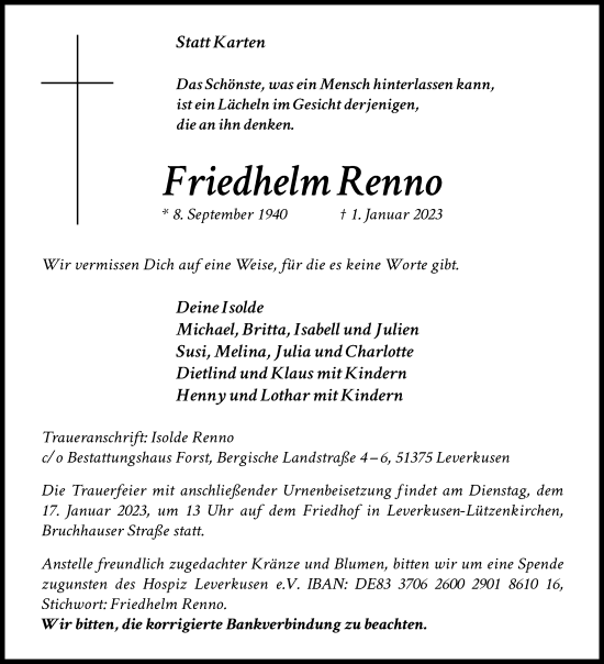 Anzeige von Friedhelm Renno von Kölner Stadt-Anzeiger / Kölnische Rundschau / Express