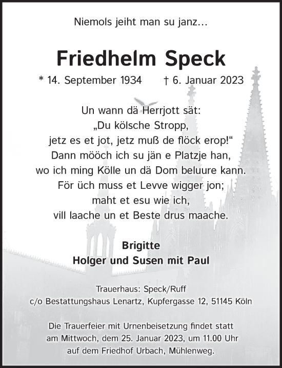 Anzeige von Friedhelm Speck von  EXPRESS - Die Woche 