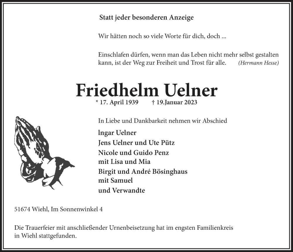 Traueranzeige für Friedhelm Uelner vom 27.01.2023 aus  Anzeigen Echo 