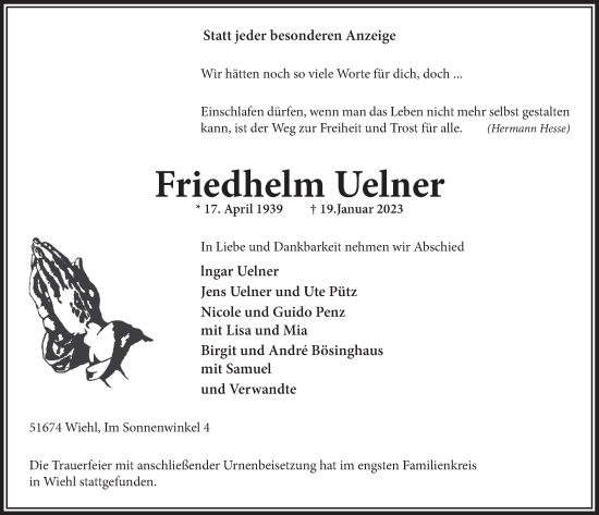 Anzeige von Friedhelm Uelner von  Anzeigen Echo 