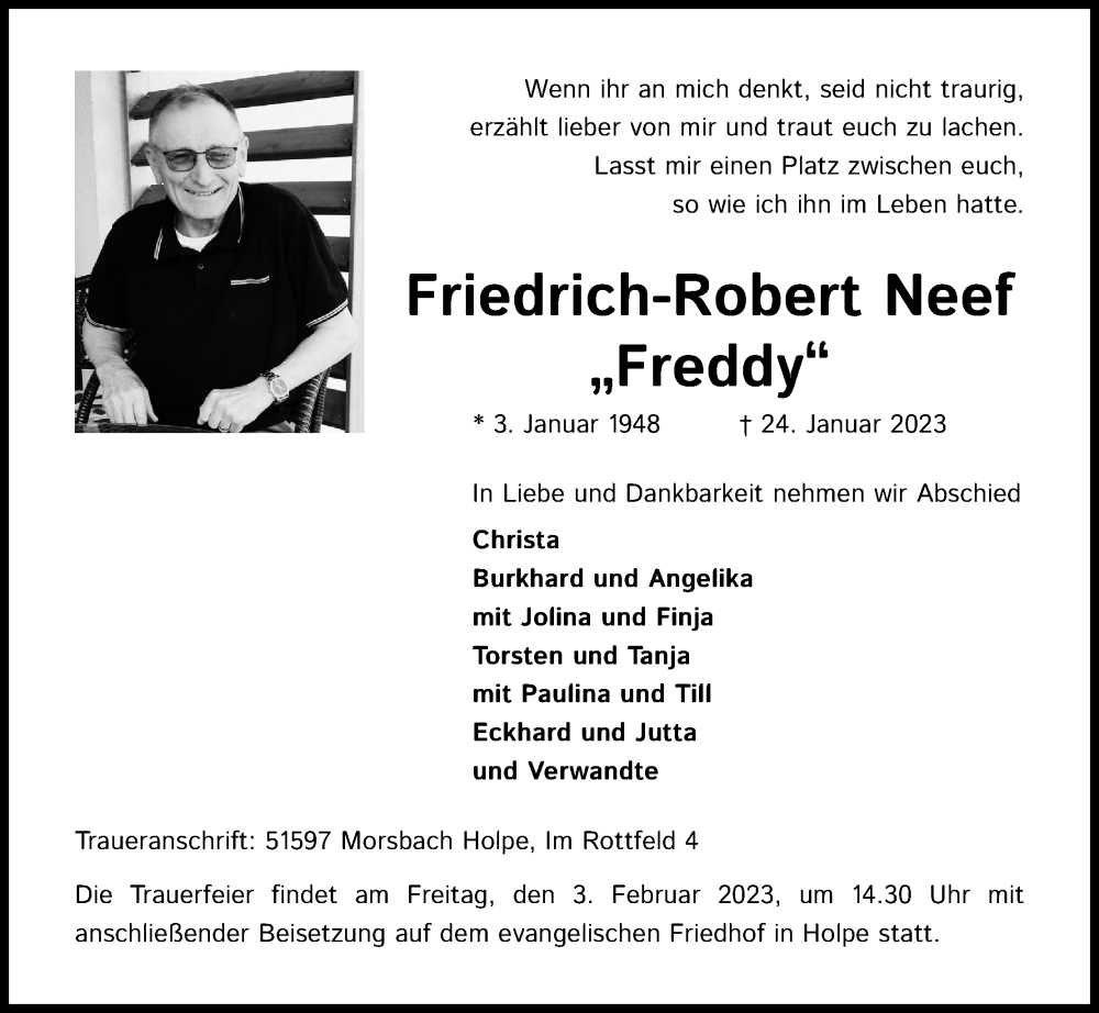  Traueranzeige für Friedrich-Robert Neef vom 28.01.2023 aus Kölner Stadt-Anzeiger / Kölnische Rundschau / Express