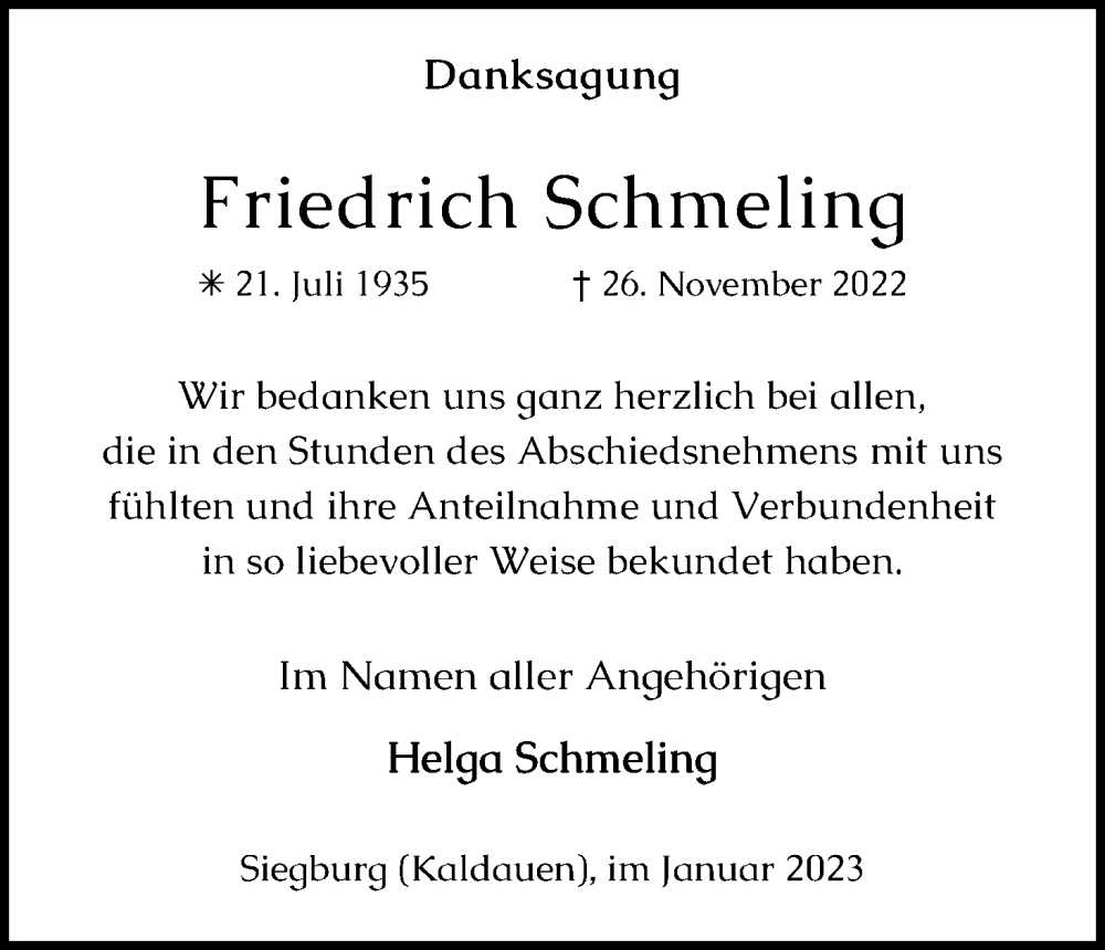  Traueranzeige für Friedrich Schmeling vom 07.01.2023 aus Kölner Stadt-Anzeiger / Kölnische Rundschau / Express