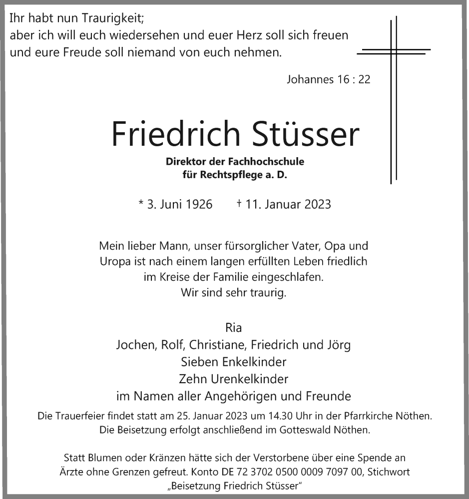  Traueranzeige für Friedrich Stüsser vom 17.01.2023 aus Kölner Stadt-Anzeiger / Kölnische Rundschau / Express
