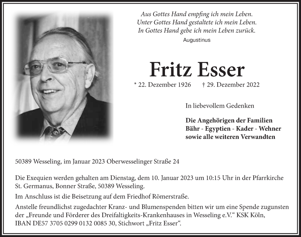  Traueranzeige für Fritz Esser vom 06.01.2023 aus  Schlossbote/Werbekurier 