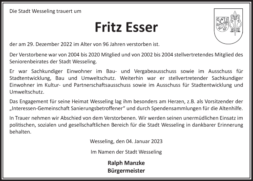  Traueranzeige für Fritz Esser vom 06.01.2023 aus  Schlossbote/Werbekurier 