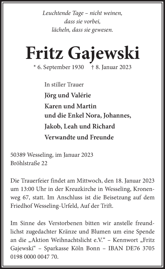 Anzeige von Fritz Gajewski von  Schlossbote/Werbekurier 