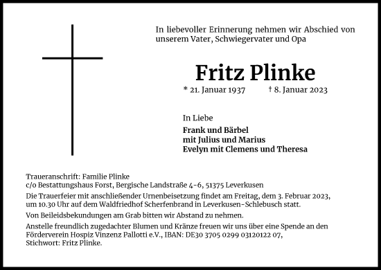 Anzeige von Fritz Plinke von Kölner Stadt-Anzeiger / Kölnische Rundschau / Express