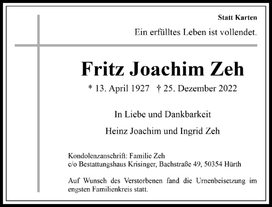 Anzeige von Fritz Joachim Zeh von  Wochenende 