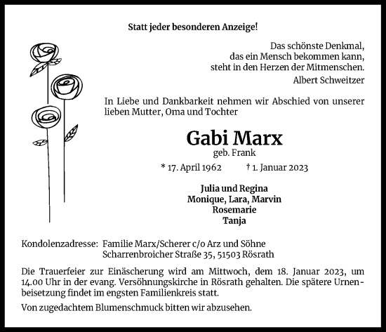 Anzeige von Gabi Marx von Kölner Stadt-Anzeiger / Kölnische Rundschau / Express