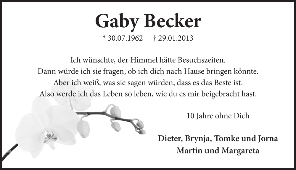  Traueranzeige für Gaby Becker vom 28.01.2023 aus  Blickpunkt Euskirchen 