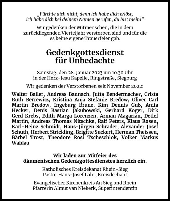 Anzeige von Gedenkgottesdienst für Unbedachte  von Kölner Stadt-Anzeiger / Kölnische Rundschau / Express