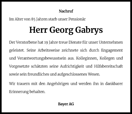 Anzeige von Georg Gabrys von Kölner Stadt-Anzeiger / Kölnische Rundschau / Express