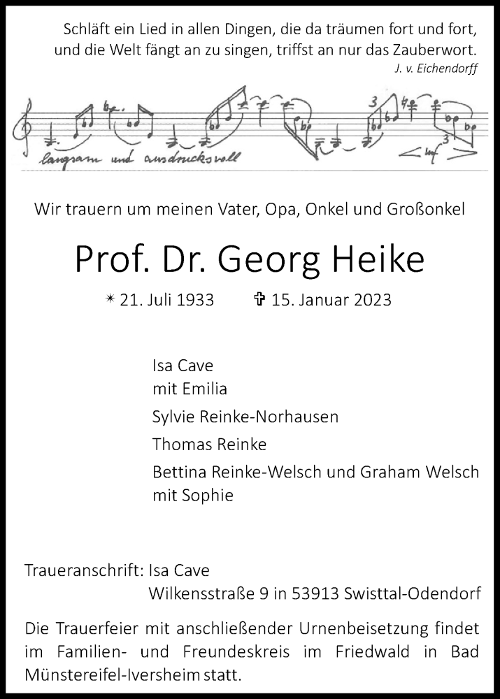  Traueranzeige für Georg Heike vom 21.01.2023 aus Kölner Stadt-Anzeiger / Kölnische Rundschau / Express