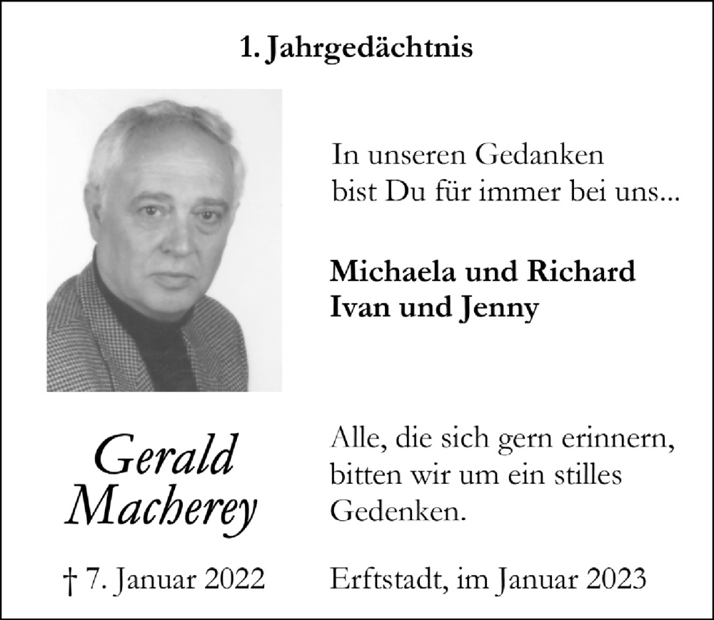  Traueranzeige für Gerald Macherey vom 27.01.2023 aus  Werbepost 