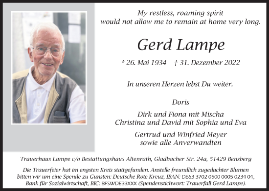 Anzeige von Gerd Lampe von Kölner Stadt-Anzeiger / Kölnische Rundschau / Express
