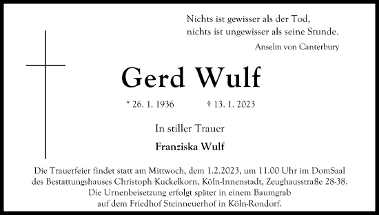 Anzeige von Gerd Wulf von Kölner Stadt-Anzeiger / Kölnische Rundschau / Express