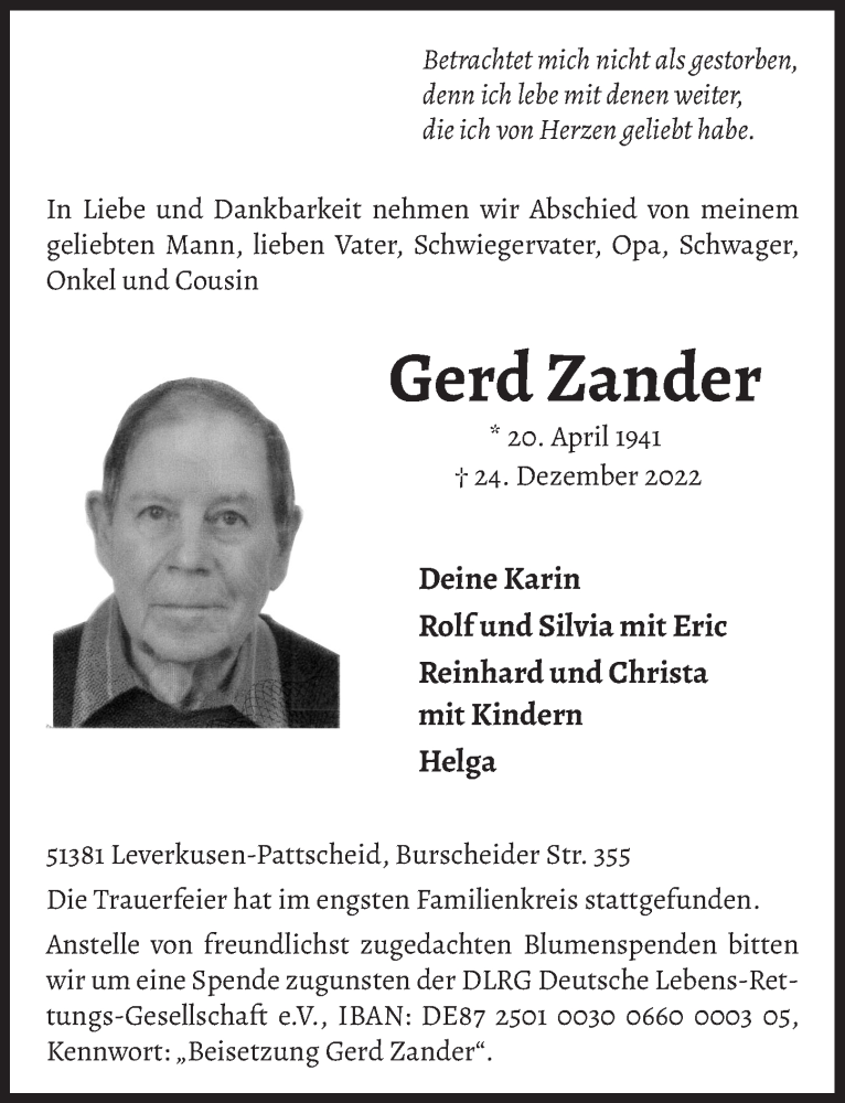  Traueranzeige für Gerd Zander vom 06.01.2023 aus  Lokale Informationen 