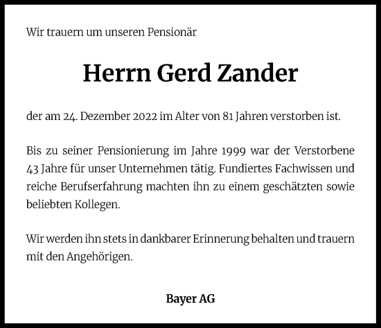Anzeige von Gerd Zander von Kölner Stadt-Anzeiger / Kölnische Rundschau / Express