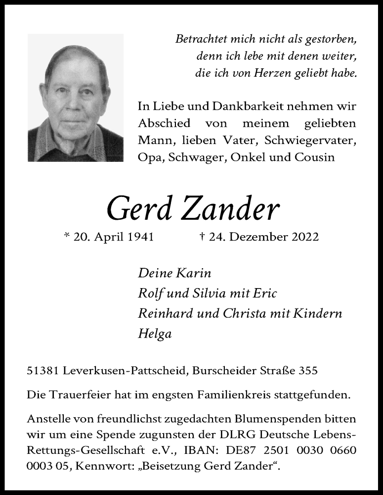  Traueranzeige für Gerd Zander vom 07.01.2023 aus Kölner Stadt-Anzeiger / Kölnische Rundschau / Express