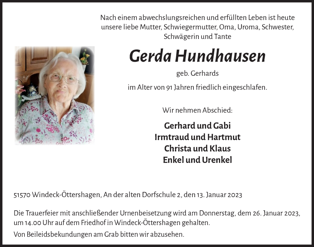  Traueranzeige für Gerda Hundhausen vom 20.01.2023 aus  Lokalanzeiger 