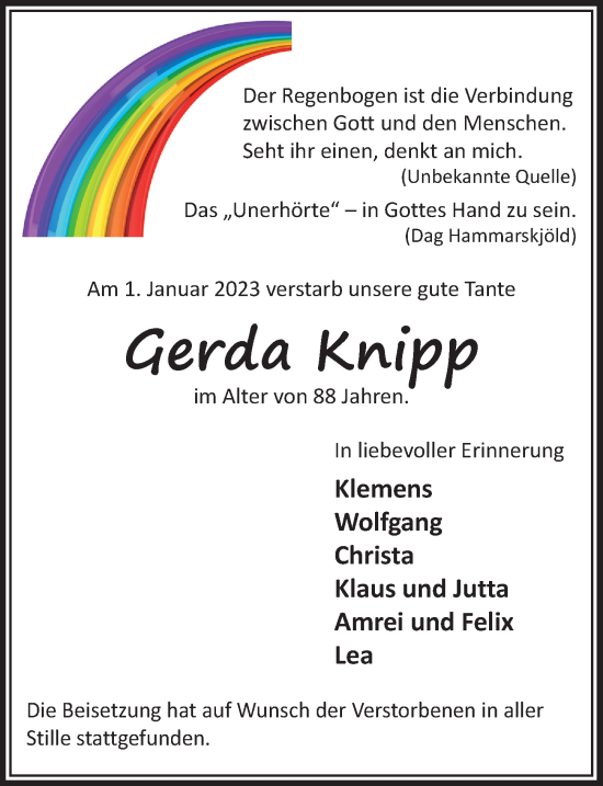 Anzeige von Gerda Knipp von  Extra Blatt 