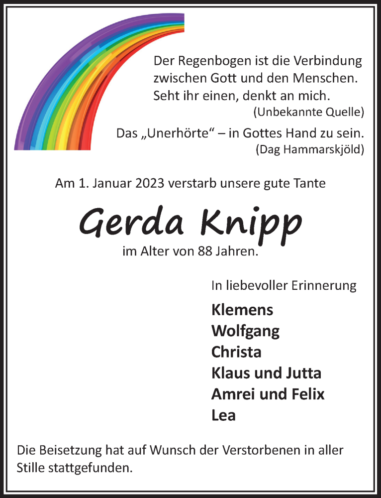  Traueranzeige für Gerda Knipp vom 20.01.2023 aus  Extra Blatt 