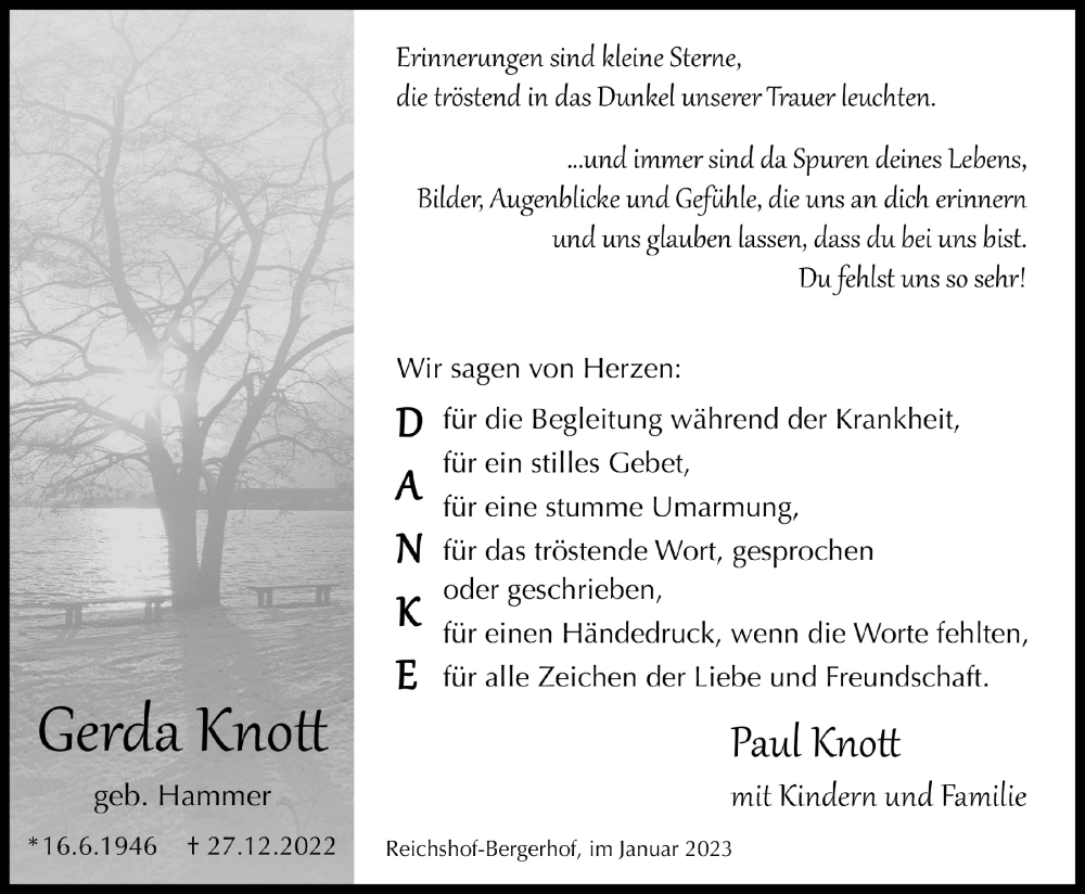  Traueranzeige für Gerda Knott vom 27.01.2023 aus  Lokalanzeiger 