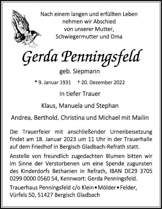 Anzeige von Gerda Penningsfeld von Kölner Stadt-Anzeiger / Kölnische Rundschau / Express