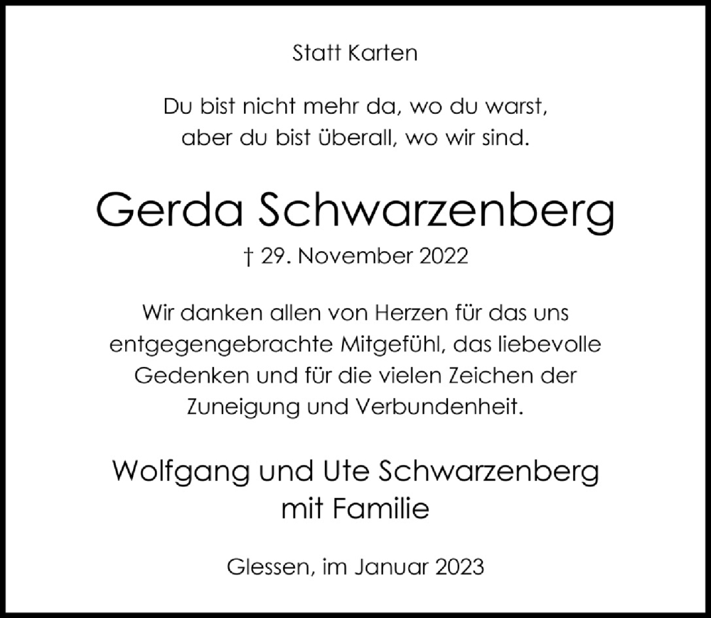  Traueranzeige für Gerda Schwarzenberg vom 06.01.2023 aus  Werbepost 