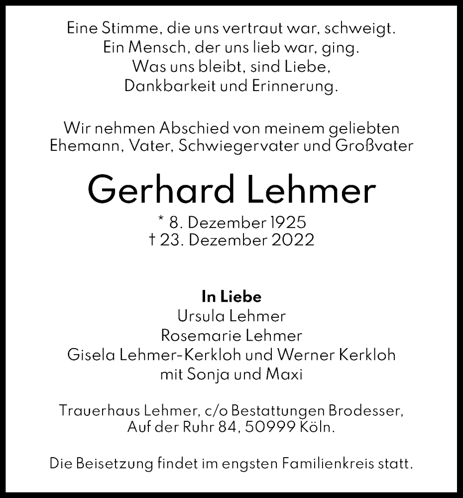  Traueranzeige für Gerhard Lehmer vom 14.01.2023 aus Kölner Stadt-Anzeiger / Kölnische Rundschau / Express