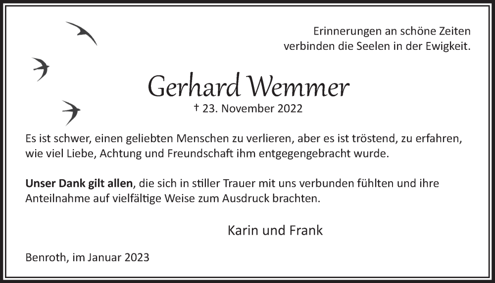  Traueranzeige für Gerkard Wemmer vom 13.01.2023 aus  Lokalanzeiger 