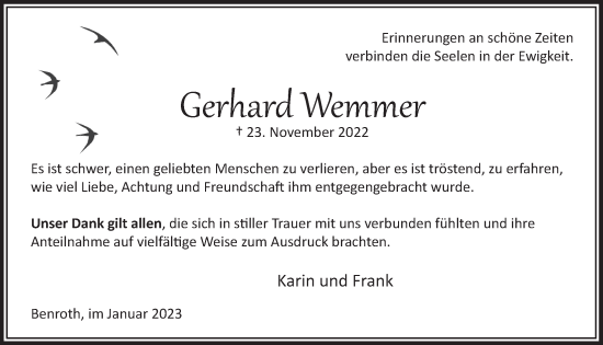 Anzeige von Gerkard Wemmer von  Lokalanzeiger 