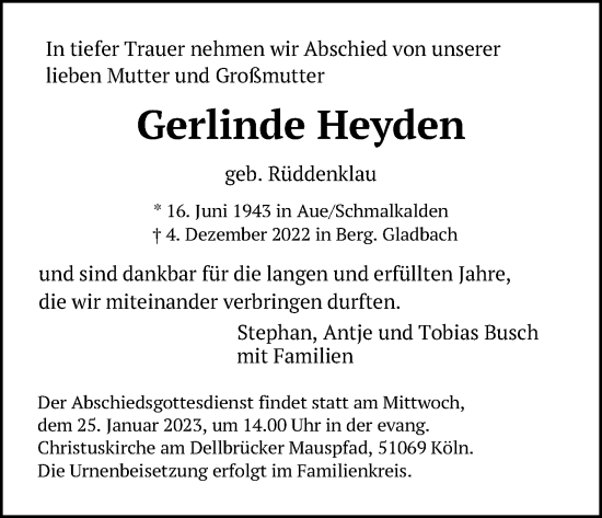 Anzeige von Gerlinde Heyden von Kölner Stadt-Anzeiger / Kölnische Rundschau / Express