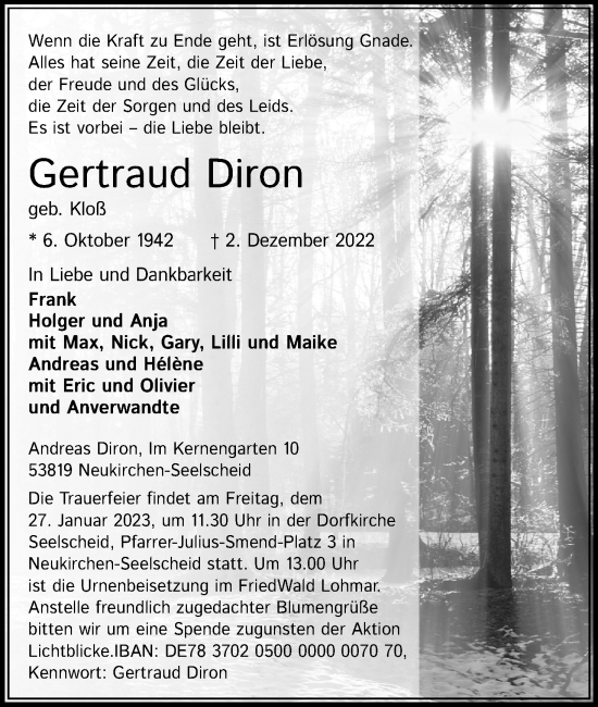 Anzeige von Gertraud Diron von Kölner Stadt-Anzeiger / Kölnische Rundschau / Express