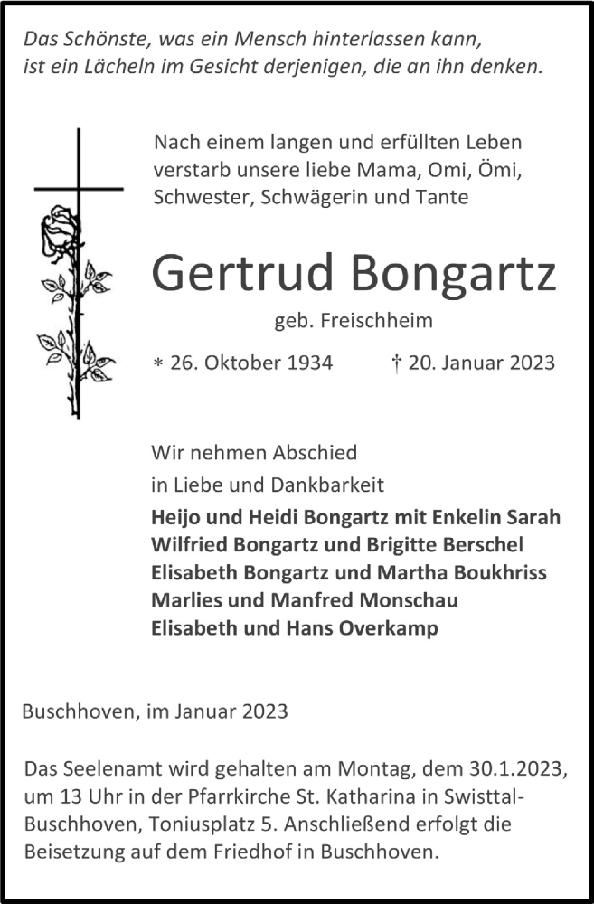  Traueranzeige für Gertrud Bongartz vom 27.01.2023 aus  Schaufenster/Blickpunkt 