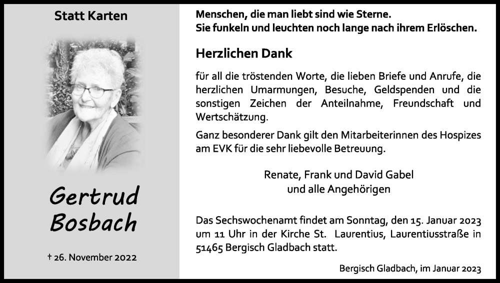  Traueranzeige für Gertrud Bosbach vom 07.01.2023 aus Kölner Stadt-Anzeiger / Kölnische Rundschau / Express