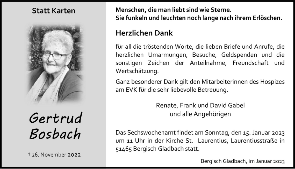  Traueranzeige für Gertrud Bosbach vom 06.01.2023 aus  Bergisches Handelsblatt 