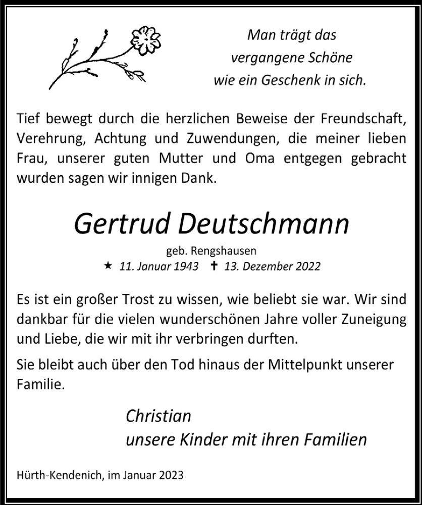  Traueranzeige für Gertrud Deutschmann vom 13.01.2023 aus  Wochenende 