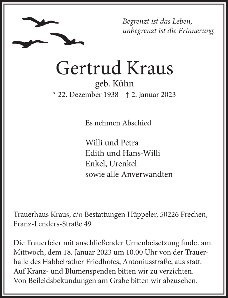  Traueranzeige für Gertrud Kraus vom 13.01.2023 aus  Wochenende 