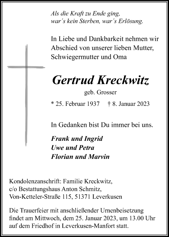 Anzeige von Gertrud Kreckwitz von Kölner Stadt-Anzeiger / Kölnische Rundschau / Express