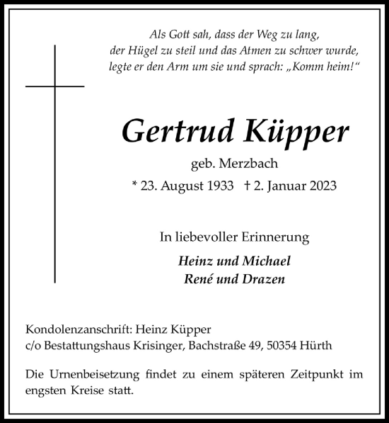 Anzeige von Gertrud Küpper von  Wochenende 
