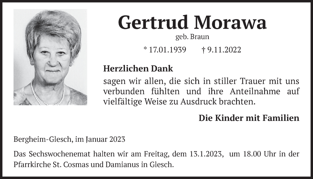  Traueranzeige für Gertrud Morawa vom 06.01.2023 aus  Werbepost 