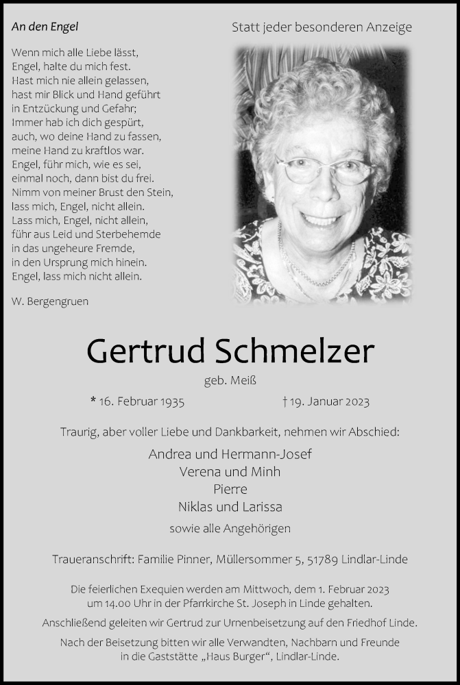  Traueranzeige für Gertrud Schmelzer vom 28.01.2023 aus Kölner Stadt-Anzeiger / Kölnische Rundschau / Express