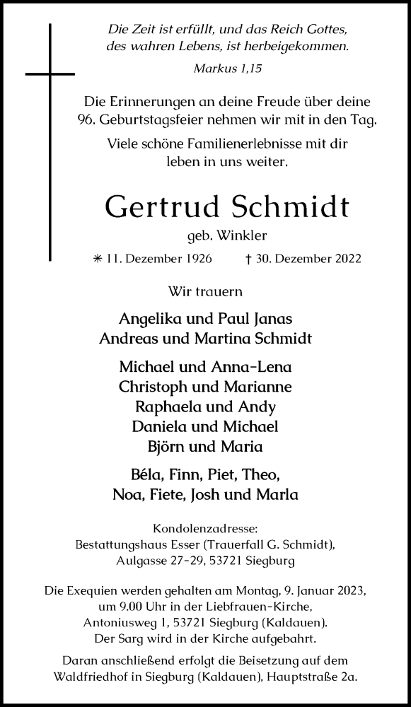 Traueranzeige für Gertrud Schmidt vom 05.01.2023 aus Kölner Stadt-Anzeiger / Kölnische Rundschau / Express